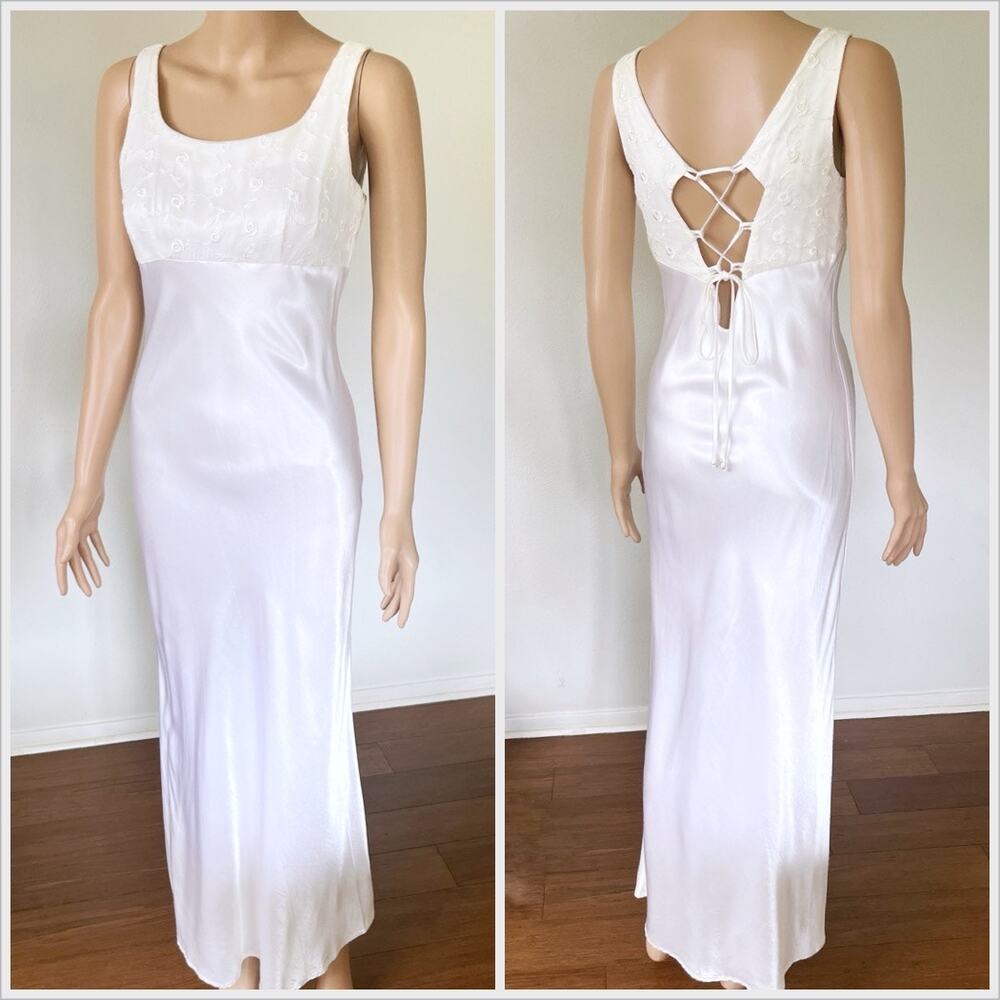 Vintage 90s Slip Wedding Dress White Bias Cut Maxi Satin // Size‎ Small